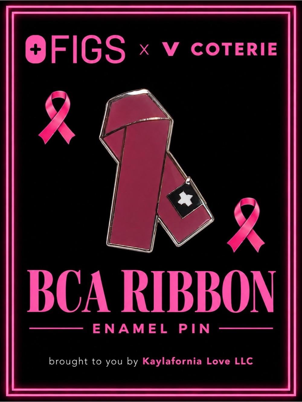 NWT FIGS x V Coterie BCA Pink Ribbon Breast Cancer Awareness Enamel Pin